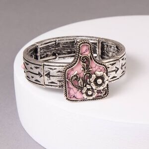 Western Pink Turquoise Cattle Tag Stretch Bracelet OS